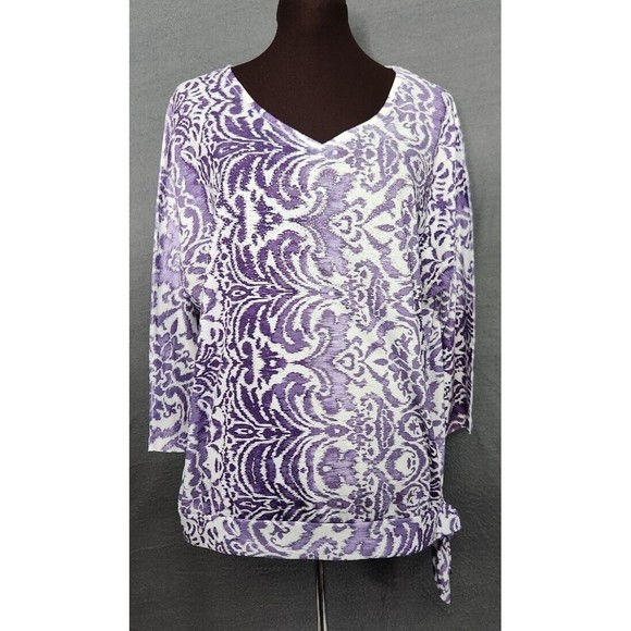 Chicos Top Abstract Ikat Purple Tunic Blouse Shirt Chico Sz 2 Large Tie Front - Picture 1 of 10